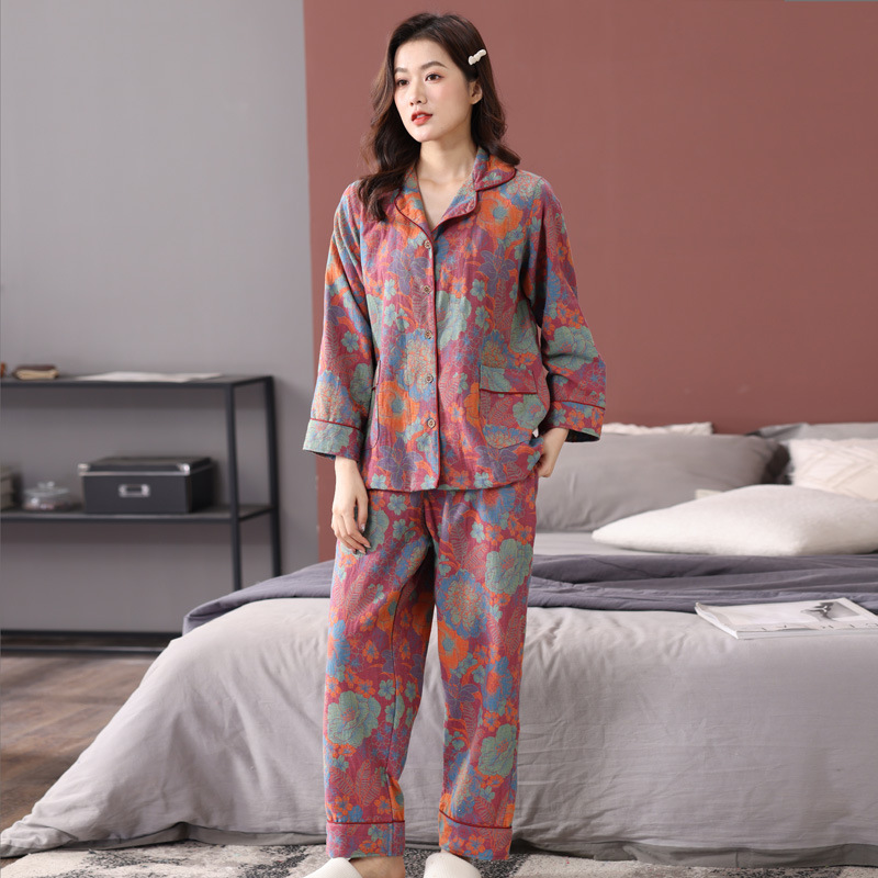 Nueva primavera y otoño de algodón de las mujeres pijamas de algodón de doble capa de hilo Jacquard de manga larga más tamaño traje de desgaste para el hogar se puede usar fuera