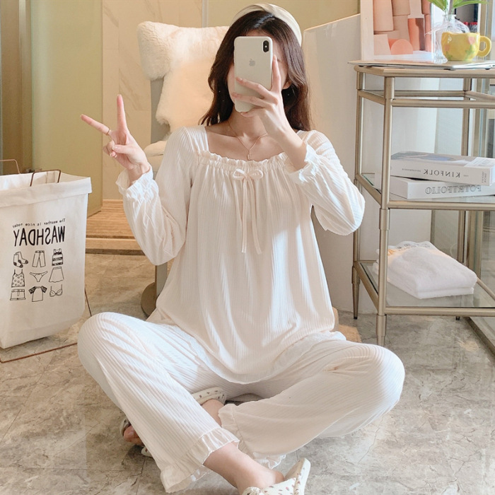 Primavera y otoño nuevos pijamas de las mujeres fuera del cuello de manga larga arco de color sólido dulce lindo traje de desgaste para el hogar se puede usar fuera