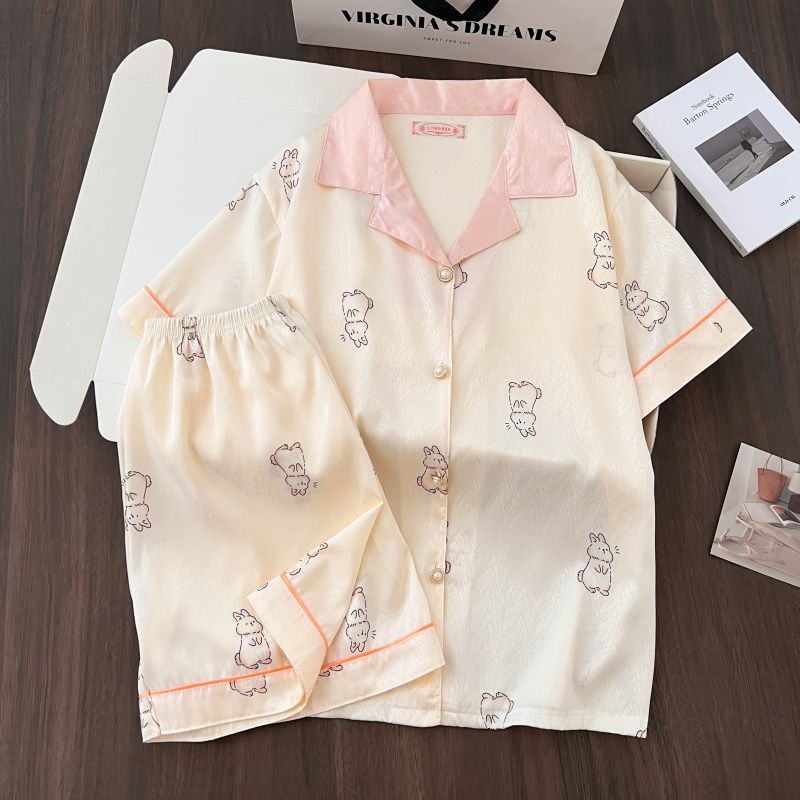 Al por mayor transfronterizo nuevo pijama de verano de alta calidad de seda de hielo twill pantalones cortos de mangas cortas set collar explosión