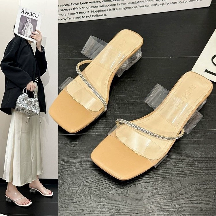 Женские летние босоножки 2025 года, новая мода, круглый носок, толстый каблук, кристаллы, интернет-хит