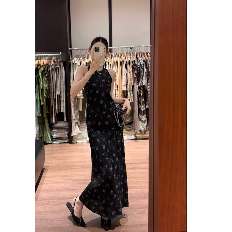 Factory Vintage Jacquard Waist-Cinching Slim-Fit Sleeveless Spaghetti Strap Dress for Women, New Summer Fashion Stylish Dress