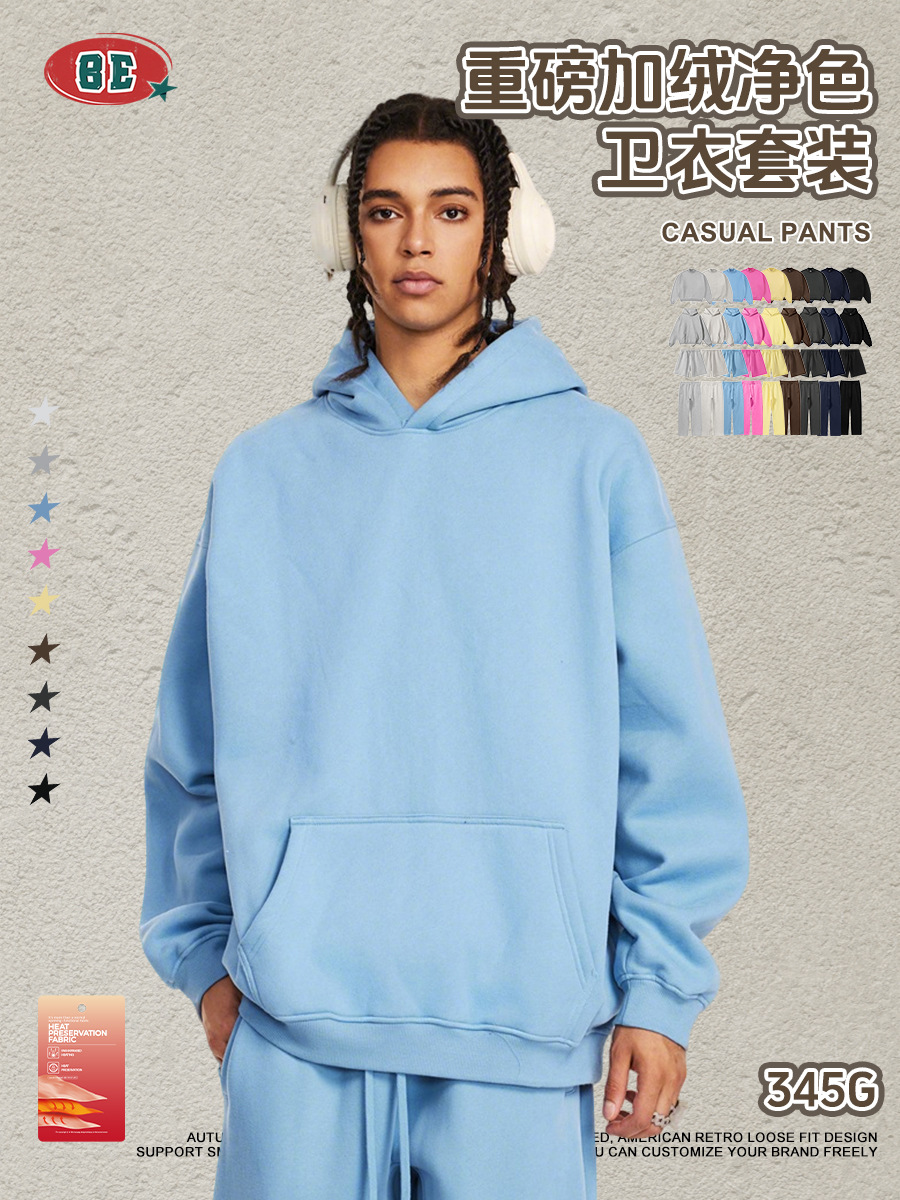 Be Hombres| 2025 invierno marca de moda americana de color sólido con camiseta encapuchada de lana suelta pantalones cortos trajes deportivos para hombres image 2