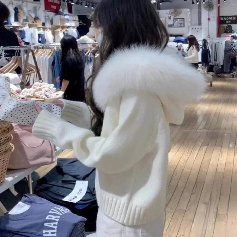 Detachable Fur Collar Korean Style Outer Sweater Jacket Autumn and Winter Women's Atmospheric Knitted Cardigan Elegant Hooded Top