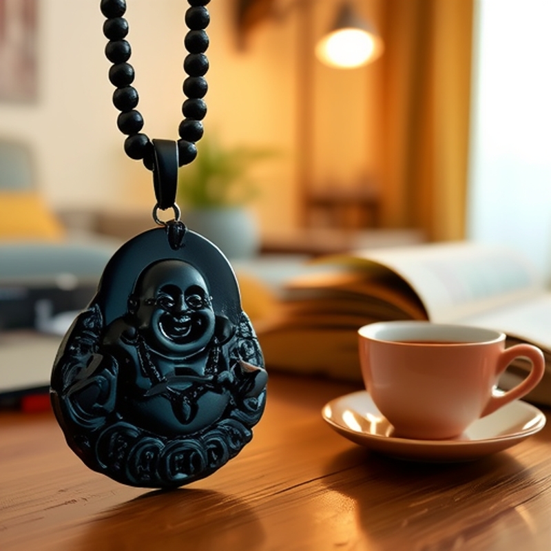 批发黑曜石项链男女款 大号观音/笑佛仿黑曜石毛衣链