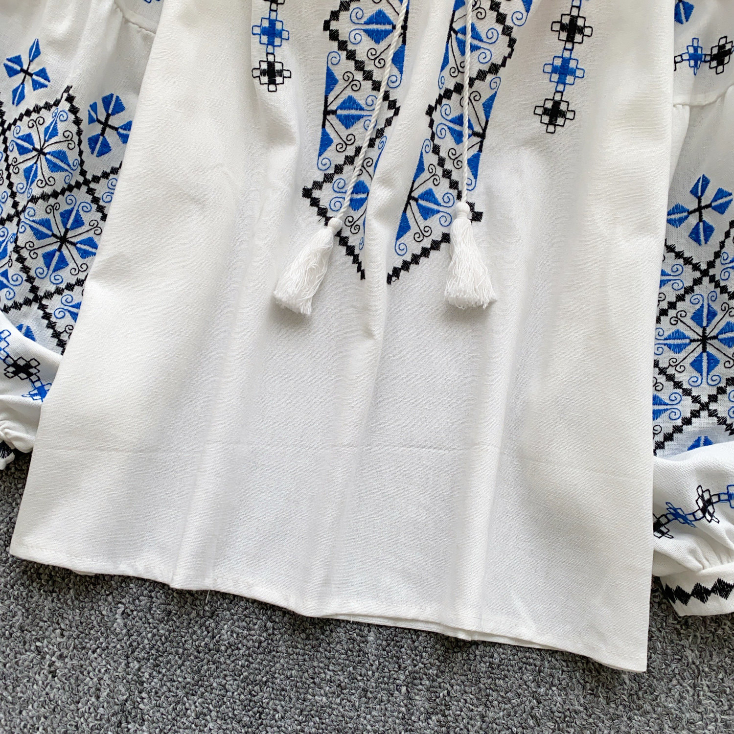 Women's Ethnic Style Embroidered Shirt Summer Long Sleeve Loose Fitting Tassel Tie Lantern Sleeve Heavy Duty Design Top For Commuting_ecoleips.com