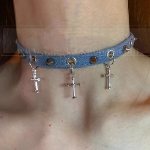 2024 Cruciferous Denim Blue Choker Collar Women's Matching T-Shirt Necklace Chain Clavicle Chain Niche Superior Sweet and Cool