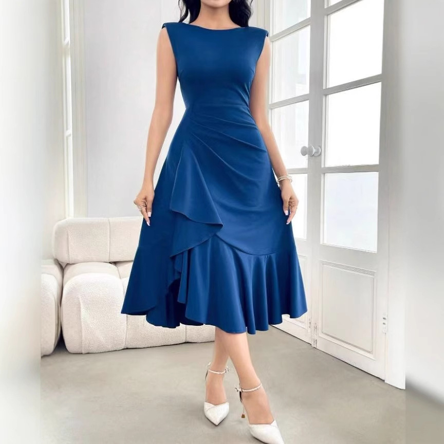 Selected Evening Party Women's Elegant Round Neck Sleeveless Slim Long Dress with Ruffled Hem