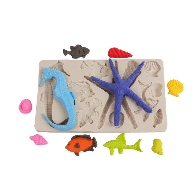 Molde de silicona fondant serie Marina estrellas de mar pequeño pescado pastel de chocolate molde caballito de mar Concha molde epoxi