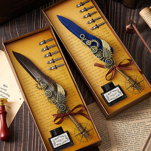 European-style retro feather pen dipping pen high-looking mechanical punk gift box fire paint seal birthday gift