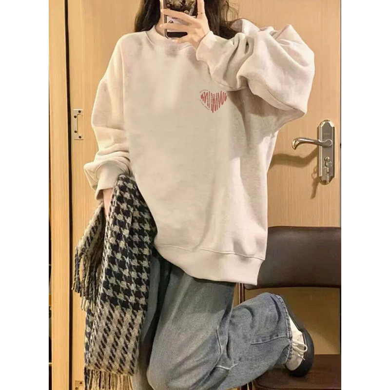 灰色卫衣女秋冬季2025新款小个子宽松慵懒风设计感小众无帽上衣|undefined