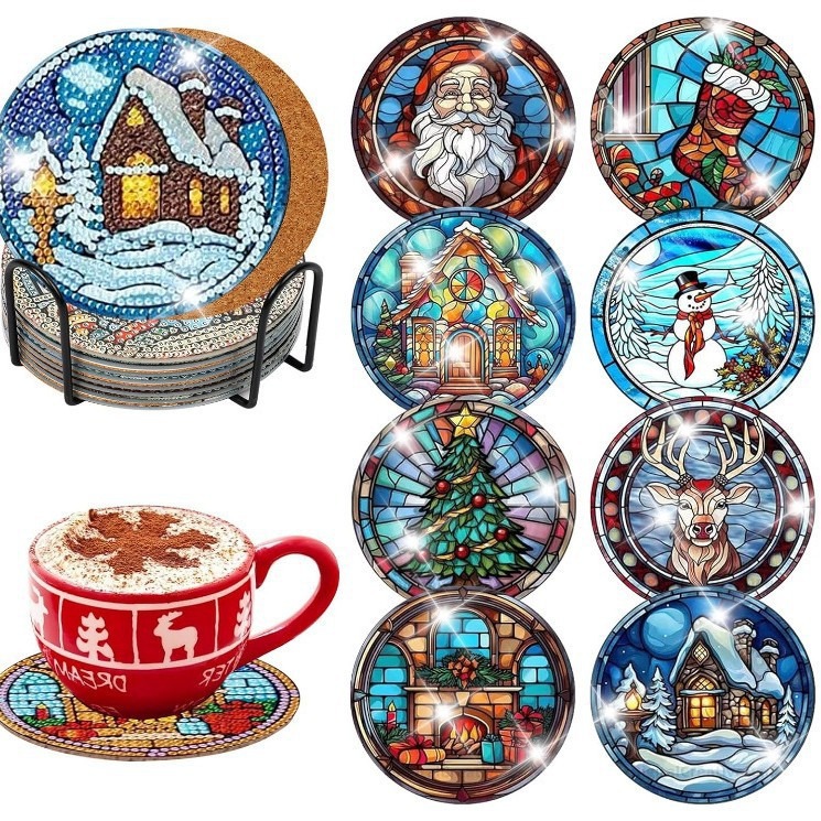 Diamante de dibujos animados almohadillas de taza letras rojas textura de madera hecha a mano puntos de perforación aislamiento térmico antideslizante diamante juguetes de pegatinas