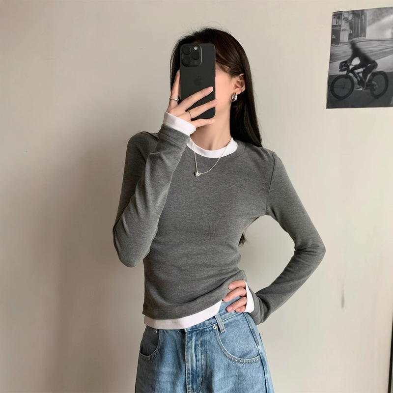 Stylish Faux Two-Piece Slim-Fit Long-Sleeve T-Shirt for Women, Early Autumn 2026 New Round-Neck Versatile Pullover Top