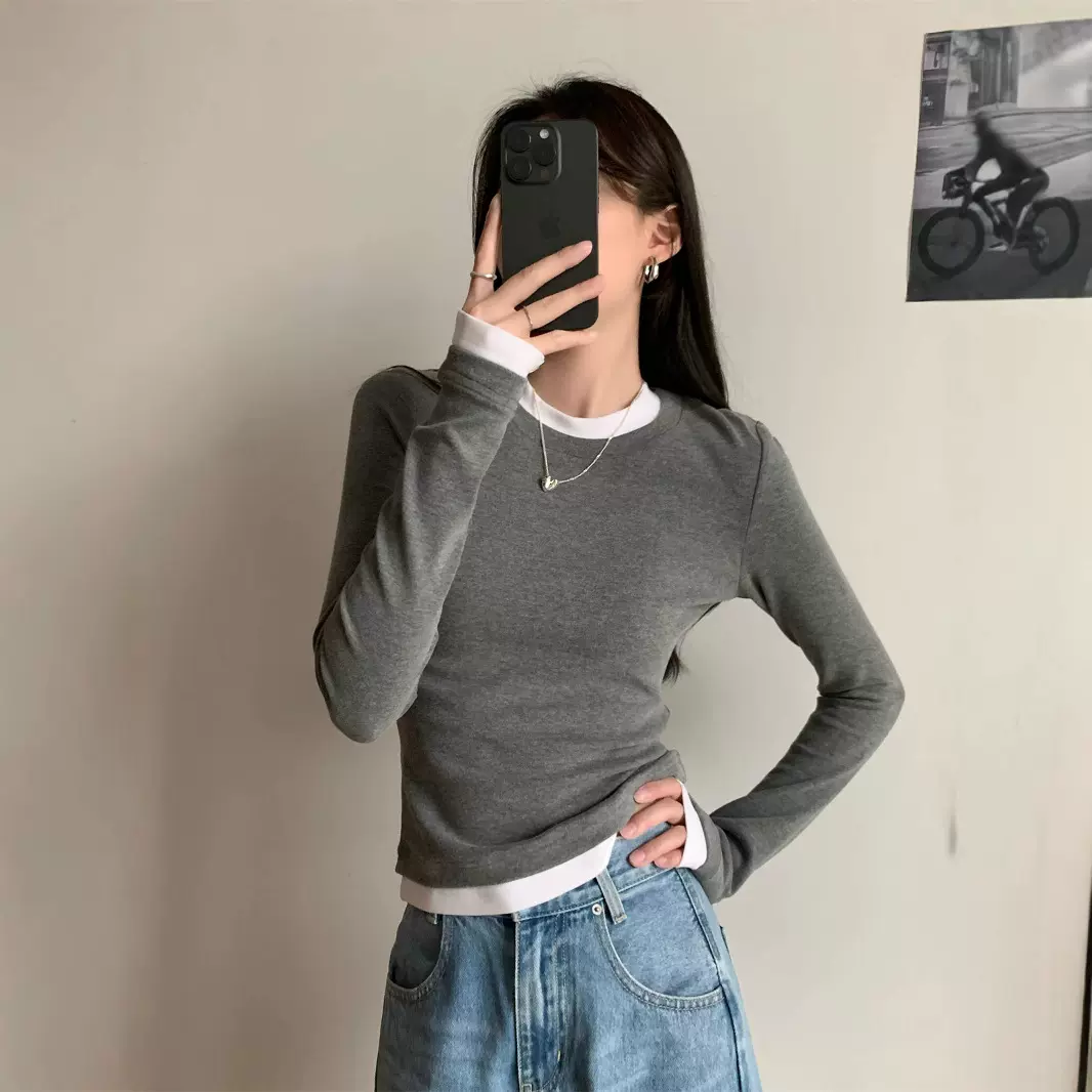 设计感假两件修身显瘦长袖T恤女装2025早秋新款圆领百搭套头上衣