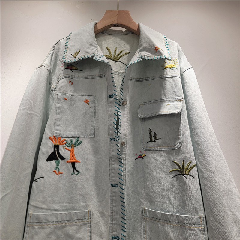 Chaqueta de Mezclilla Holgada con Bordado para Mujer Poliéster Corte Holgado Con Bordado Manga Larga
