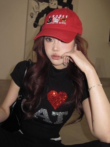 260g Modal Viscose Heart Letter Embroidered Rhinestones Half High Collar Short Sleeve Women's T-Shirt Slim Fit Short Top Fashion