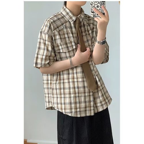 Japanese Retro Collar Check Casual Short-Sleeve Shirt for Men, Summer 2025 New Arrival Loose Collared Shirt Outerwear Open Cardigan
