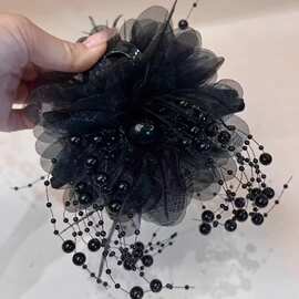 黑色珠珠流苏2024新款秋冬发夹氛围气质显发量蓬松百搭鲨鱼夹头饰