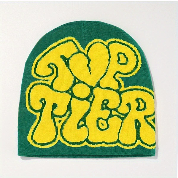 Jacquard letters TOPTIER knitted hat-dark green and yellow letters