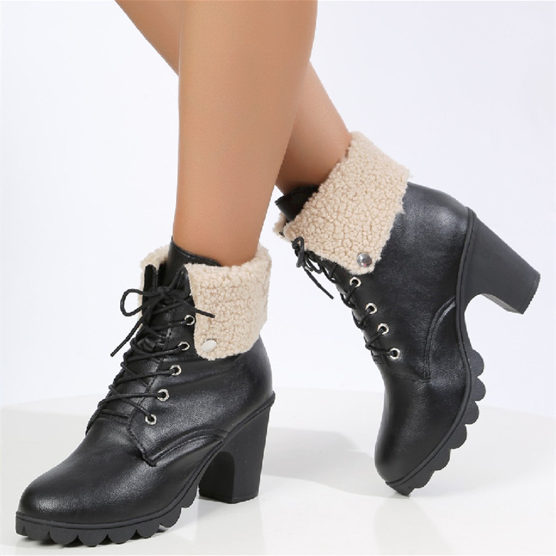 Women's Shoes short boots autumn and winter new large size round toe thick heel lace up cuffed women's leather boots_voghion.com