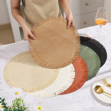 流苏纸编织纯色圆形花边防滑隔热防烫餐垫纯色餐桌垫环保装饰垫