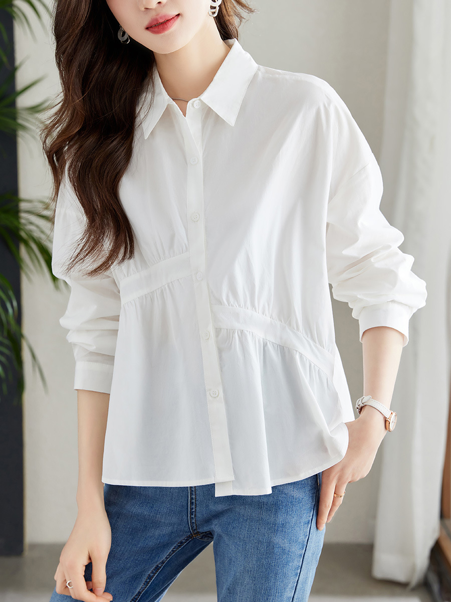 Directo de fábrica asimétrica plisada azul Camisa de rayas de manga larga de las mujeres otoño diseño sentido nicho superior algodón camisa blanca