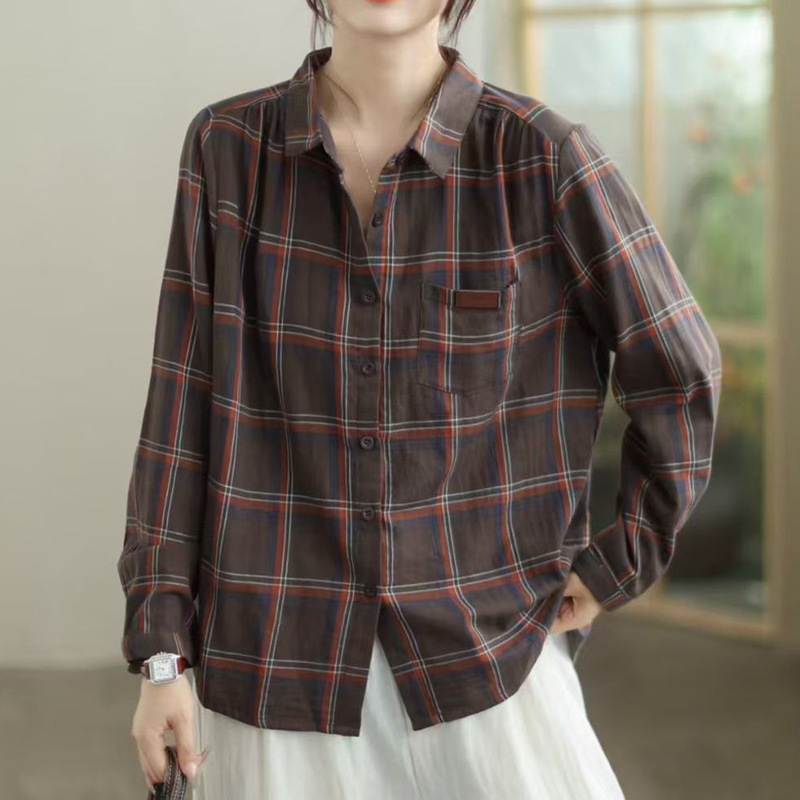复古格子双层棉宽松衬衫女春秋新款休闲减龄叠穿衬衣长袖上衣|undefined