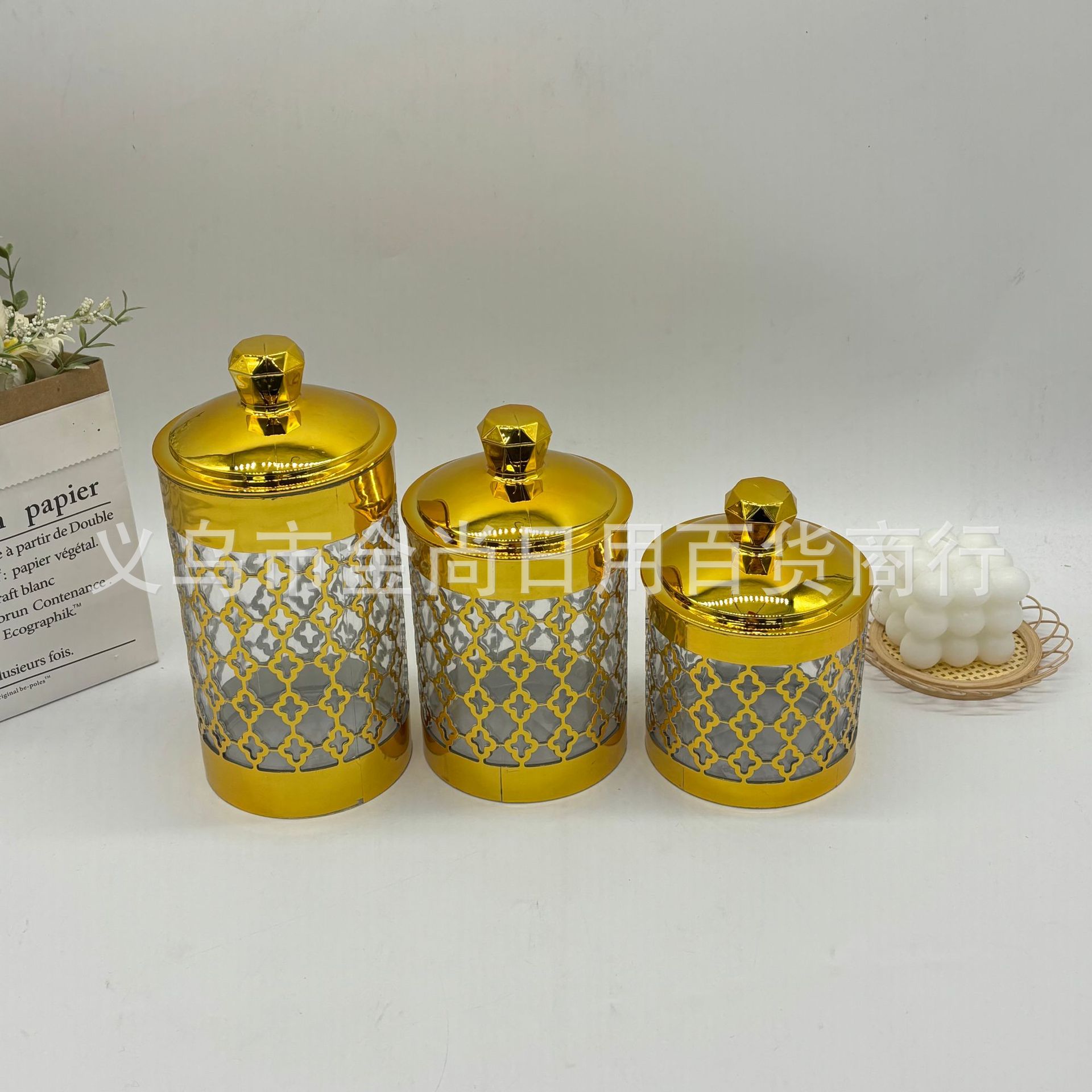 Cross-Border New Brick Stone Four-Leaf Clover Plastic Sealed Jar Three-Piece Set Light Luxury Decorative Ornaments Hot Stamping Sealed Jar