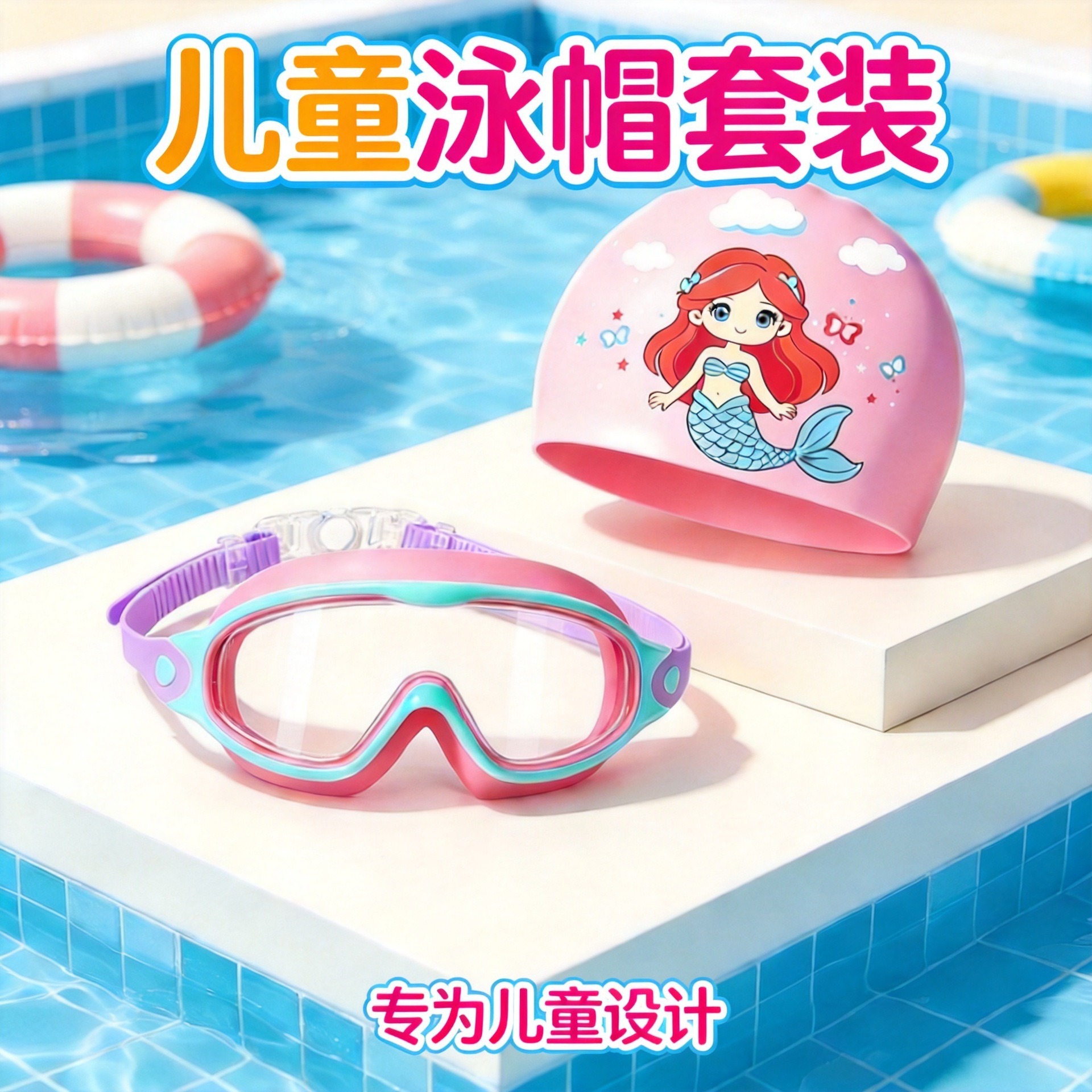 Sombrero de baño de silicona para niños, gafas de baño para niños, cabello largo impermeable para los oídos, gorra de dibujos animados lindos