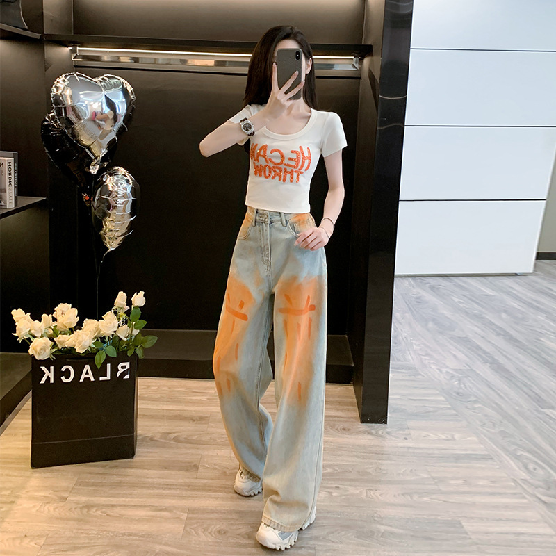 2025 Summer Design U-Neck Stereo Letter Print Slim Fit T-Shirt American Jeans Washed Distressed Suit