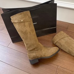 牛皮版~复古粗跟长靴女绒面中跟美拉德靴子不过膝棕色高筒骑士靴