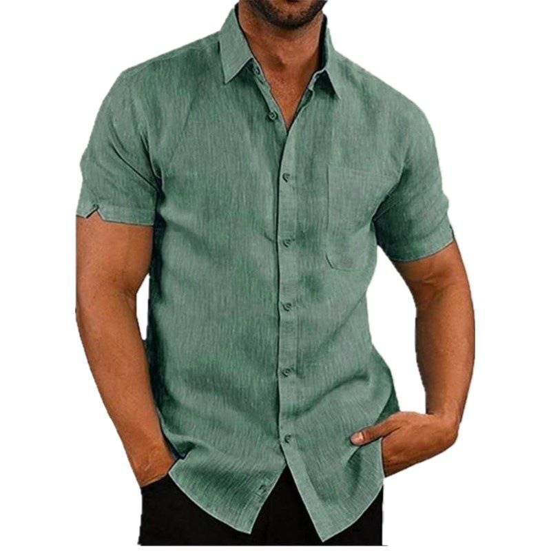 Camisa de lino para hombre, manga corta, con botones, de color liso, con solapa, éxito de ventas en Amazon y eBay en 2025.