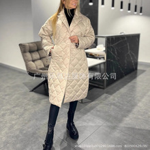 现货齐色齐码亚马逊独立站外贸女装亮面休闲翻领中长款菱格棉服