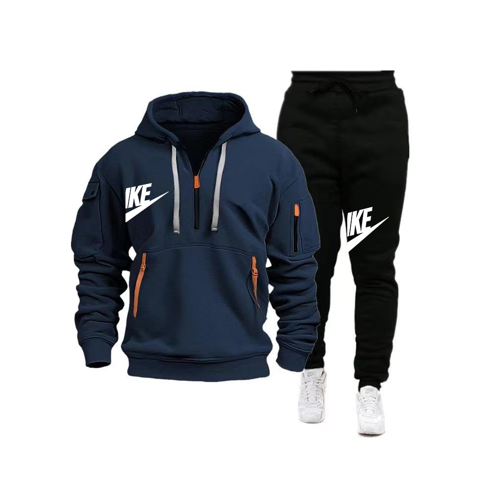 남색 상의 + 검정색 바지, 흰색 라벨