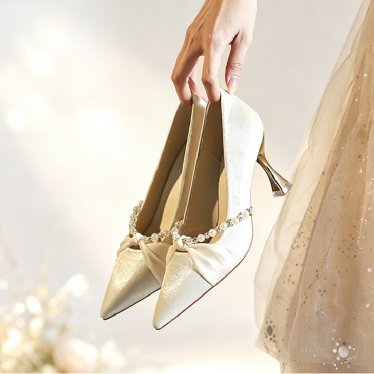 Champagne-colored satin pointed-toe high heels with pearl bow, mid-heel, stiletto heel, bridal shoes for the Xiuhe wedding ceremony, YD-88