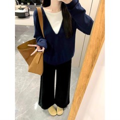 藏青色V领针织衫女秋季新款高级感内搭打底衫显瘦假两件长袖上衣