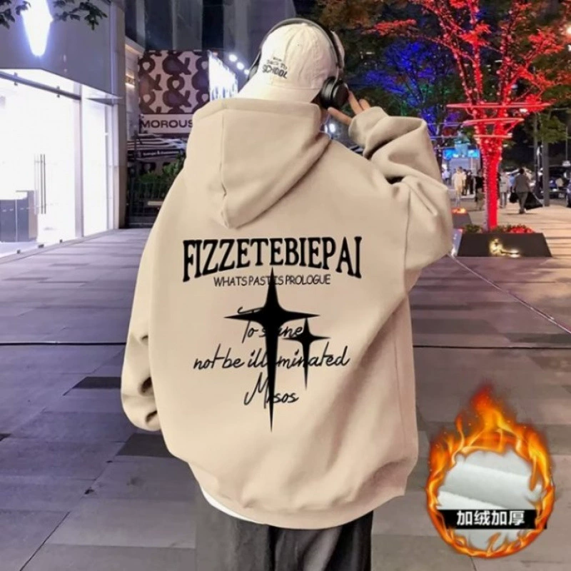 Хлопок с капюшоном свитер мужская весна осень 2024 новая плюшевая куртка американская высокая уличная печать трендовая одежда