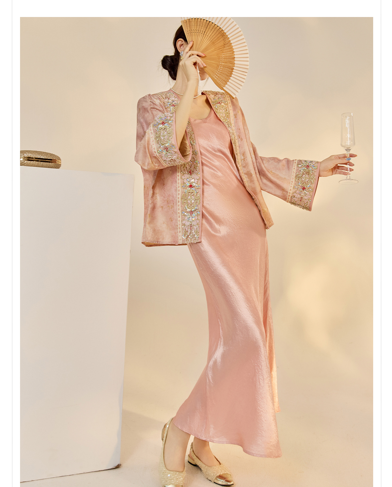 Áo khoác cardigan thêu hoa nặng kiểu Trung Hoa mới, đính cườm cao cấp N7065 — hồng chi tiết 14