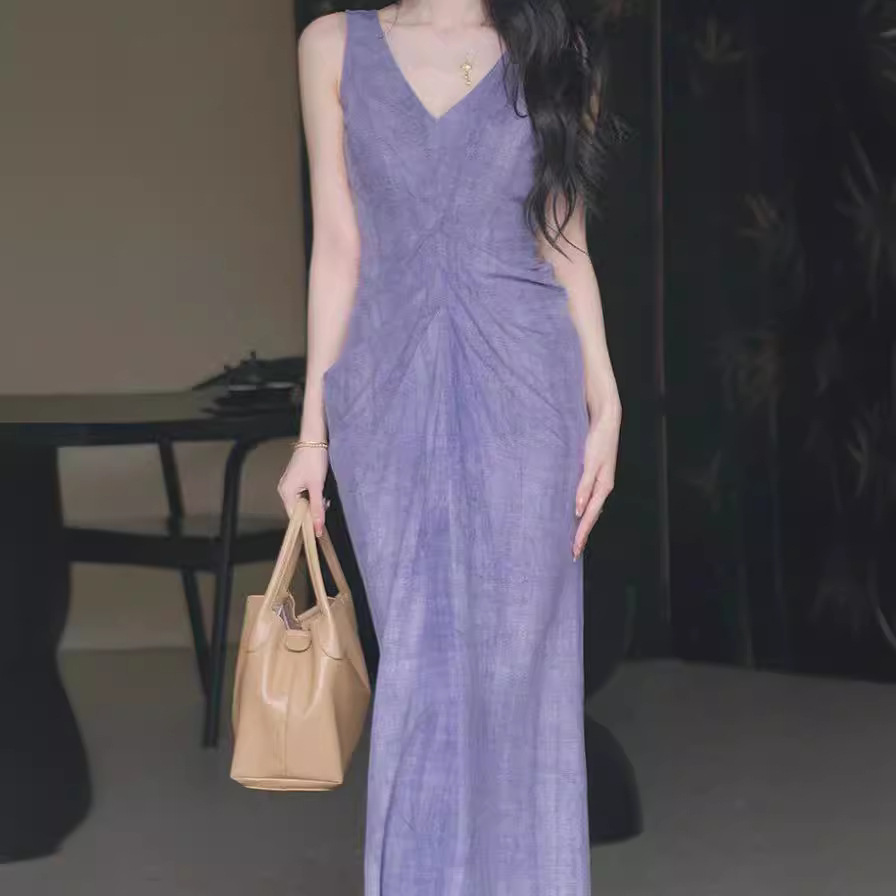 2024夏季新品紫色显瘦设计感小众温柔国风新中式亚麻无袖连衣裙女