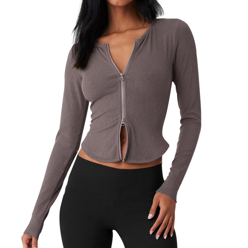 Cross-border yoga coat, women's double-headed zipper 2025 autumn and winter Europe and America lulu running yoga coat, quick-drying
