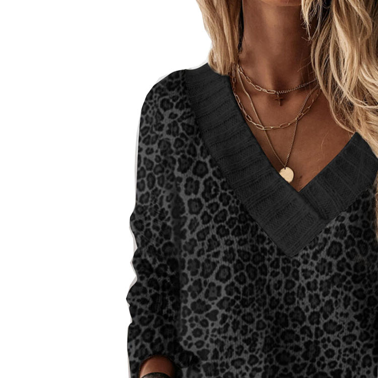 V-Neck Leopard Print Casual Sweater NSPZN105086