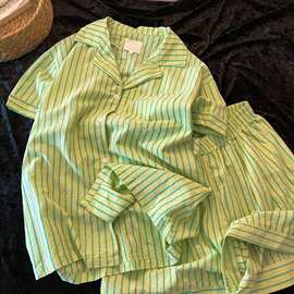 洋气慵懒风云朵棉开衫睡衣女夏季短袖短裤简约撞色条纹家居服套装