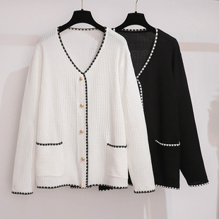 Large size women's autumn clothing small fragrant wind ice silk knitted jacket fat sister slim 200/300kg long sleeve T-shirt cardigan