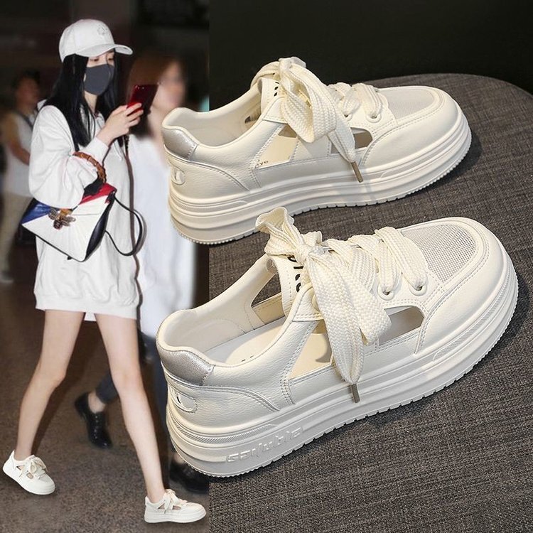 Thick Bottom Hollow White Shoes Women's 2025 Summer New Style Lace-Up Breathable Sports Sandals All-Match Casual Hole Shoes