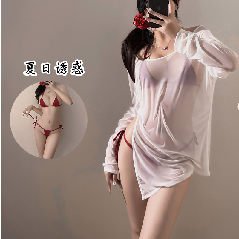 Sexy Pure Long Sleeve Translucent Top Summer Ice Silk Bikini Seaside Temptation Sexy Three-Point Blouse plus size
