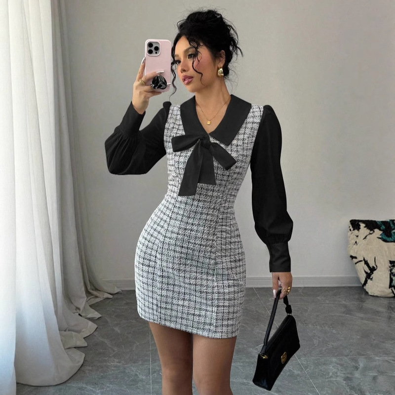 Amazon 2026 European and American Fashion Long-Sleeved Lapel Contrasting Color Splicing Dress Bow Decorated Fake Two-Piece Midi Skirt