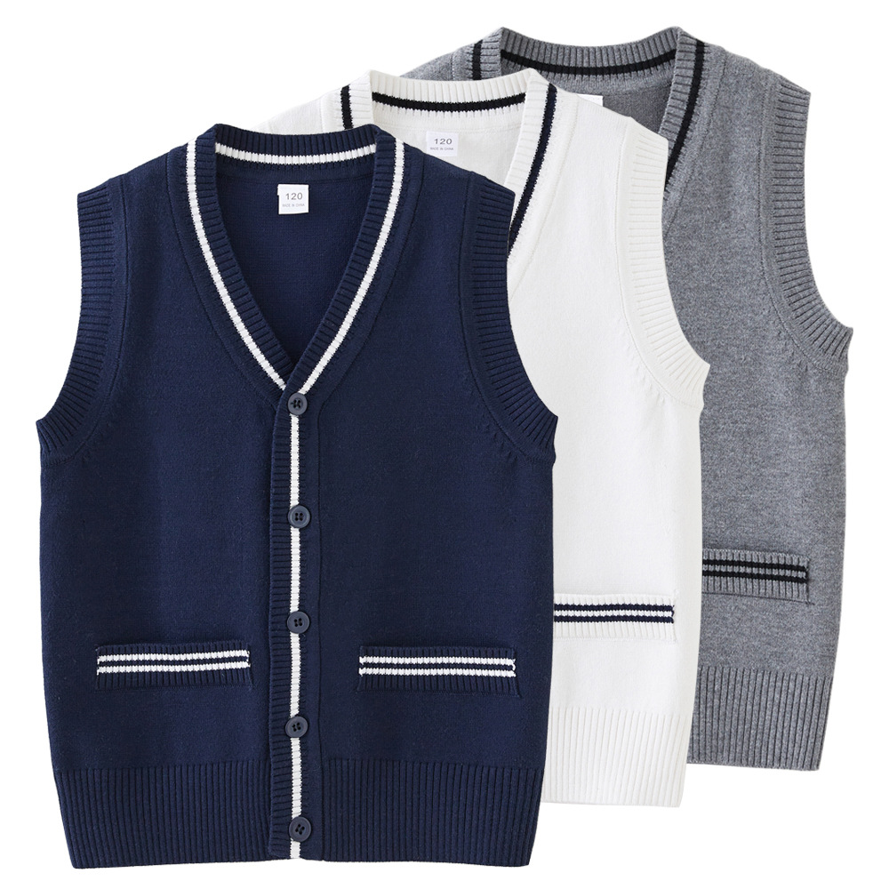 Primavera y otoño transfronterizo contraste color falso bolsillo medio y grande suéter Chaleco de punto cardigan niños y niñas uniforme escolar al por mayor