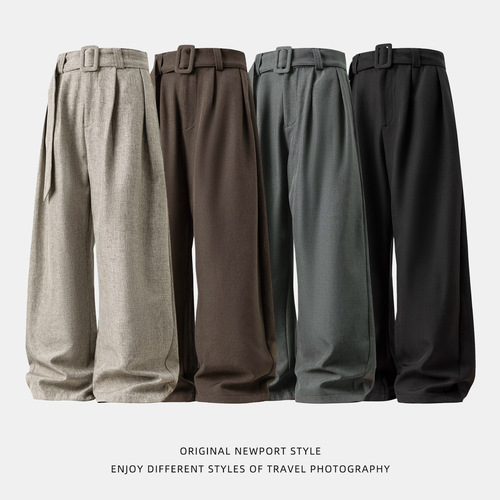 3D Pleated Drop Shoulder Straight Leg Men's Autumn Stylish Loose Straight Trousers Old Money Style Belt Casual Pants