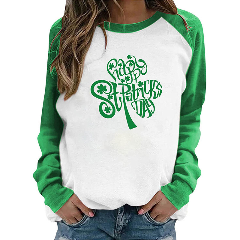 European and American women's St. Patrick's Day shirt Shamrock T-shirt fun Irish four-leaf clover crew neck sweatshirt