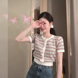 冰丝针织衫女短袖t恤短款夏季别致上衣紧身设计感小众2024年新款