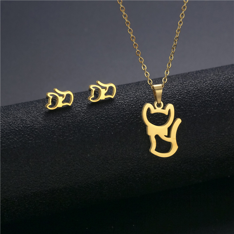fashion kitten titanium steel necklace earrings gold-plated set